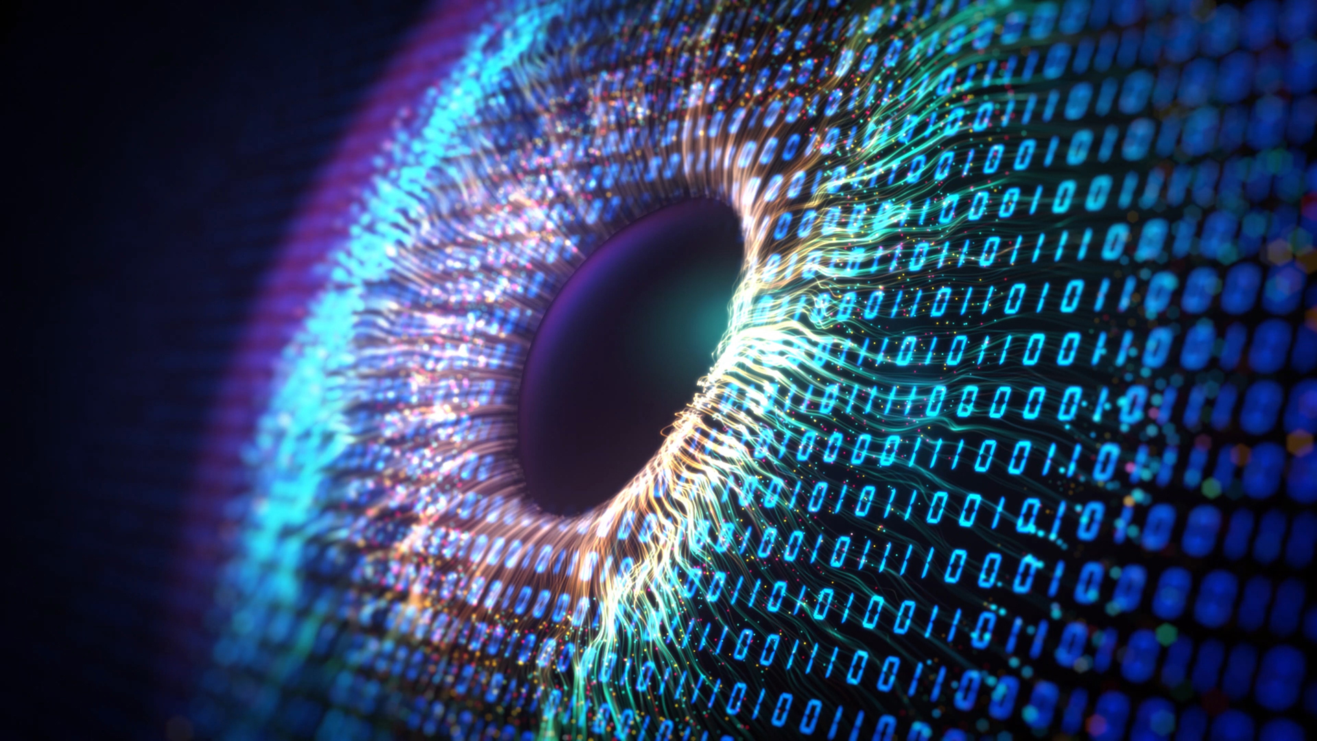 A color image of the human eye, zoomed in, with 1s and 0s making the color of the eye. Shutterstock